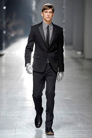 black tailored suit with gray shirt