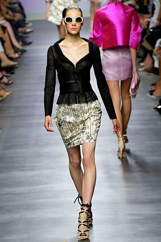 black silk fitted blouse and beige pencil skirt