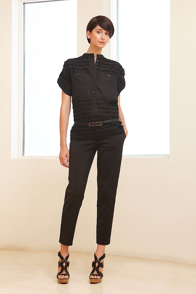black fitted shirt and slim pants