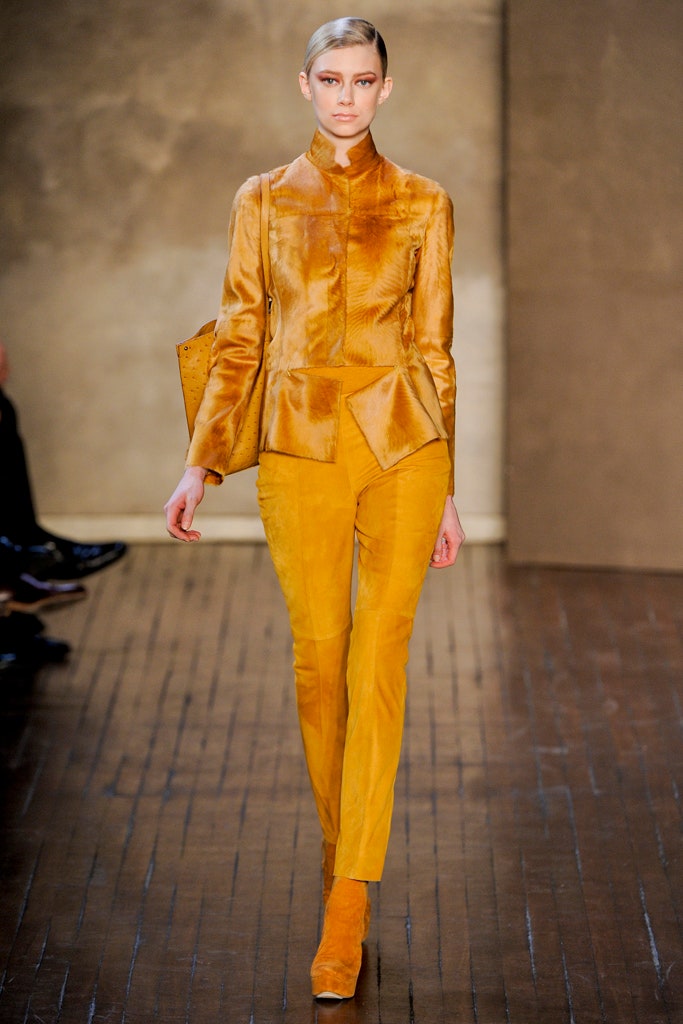 yellow suede long-sleeve collared fitted zippered jacket