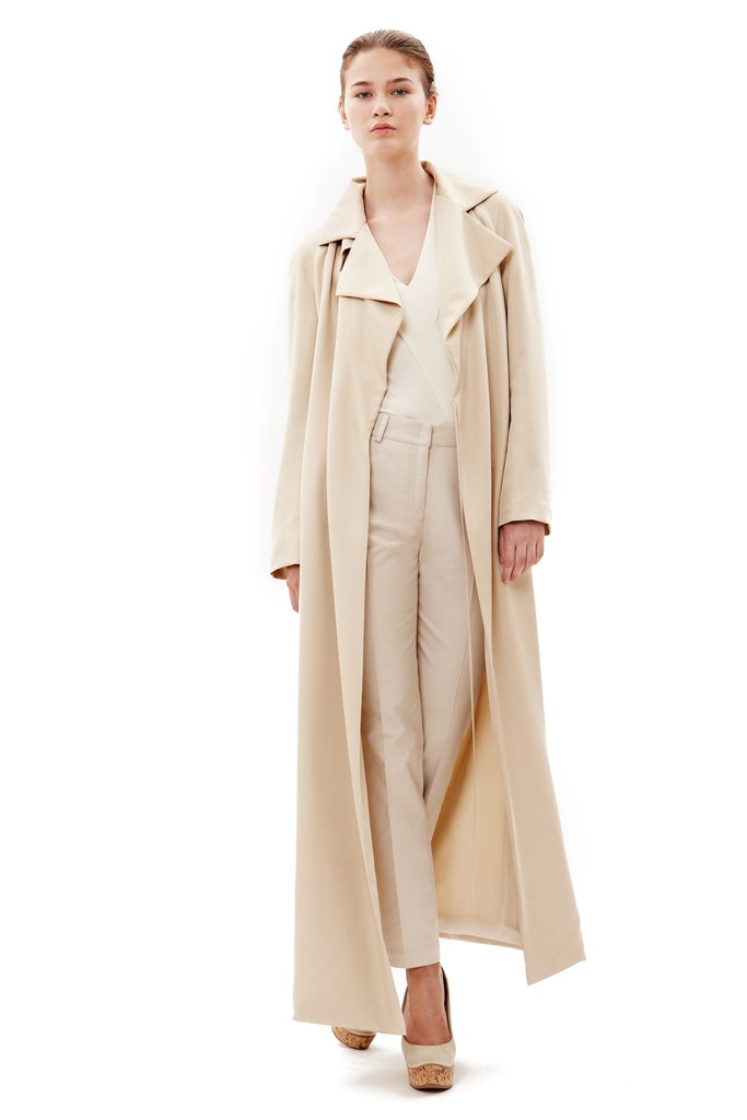 beige cotton long-sleeve collared relaxed draped maxi coat