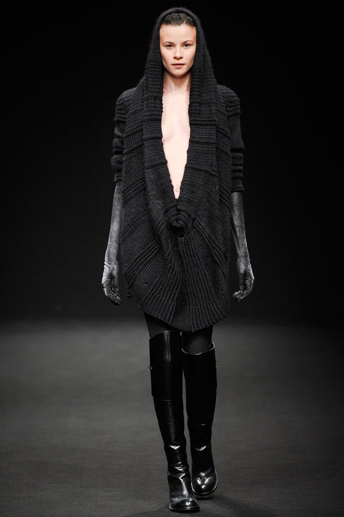 black wool long-sleeve hooded oversized draped cardigan