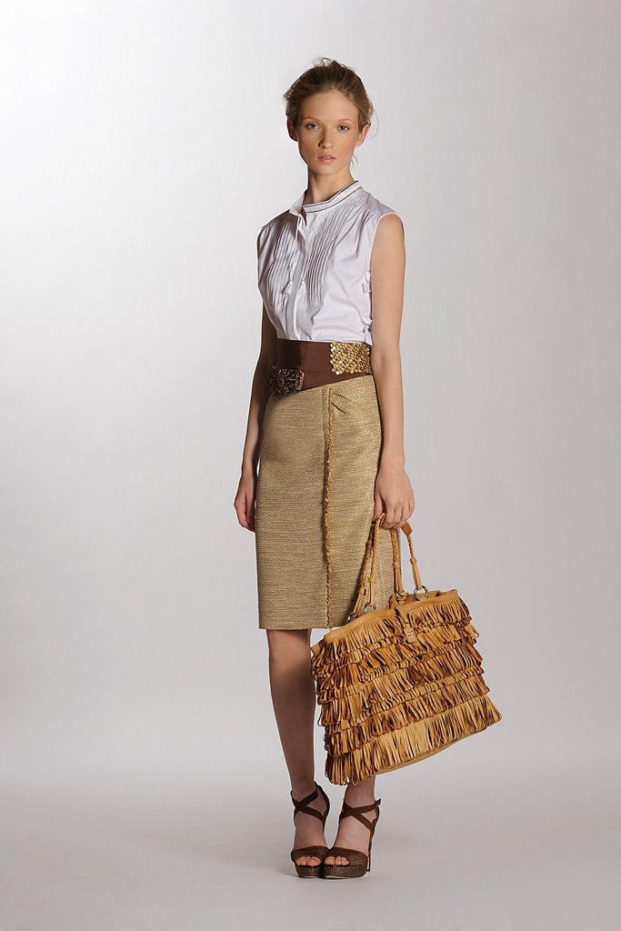 fitted white shirt and gold pencil skirt