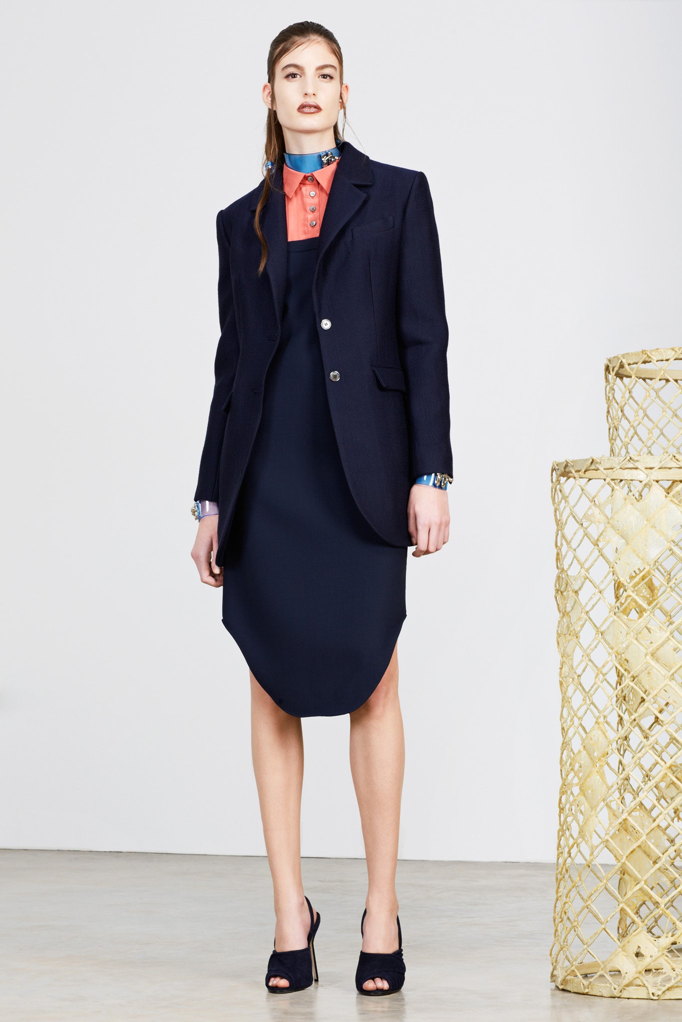 navy blazer and fitted dress