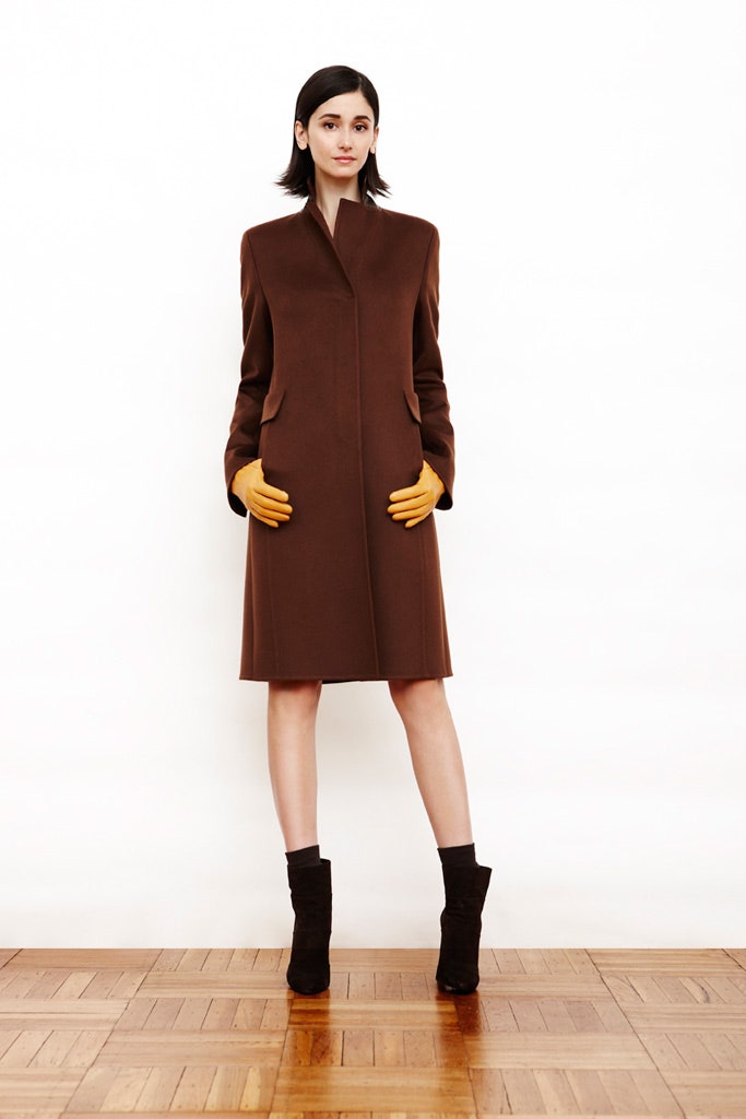brown wool midi coat with gloves