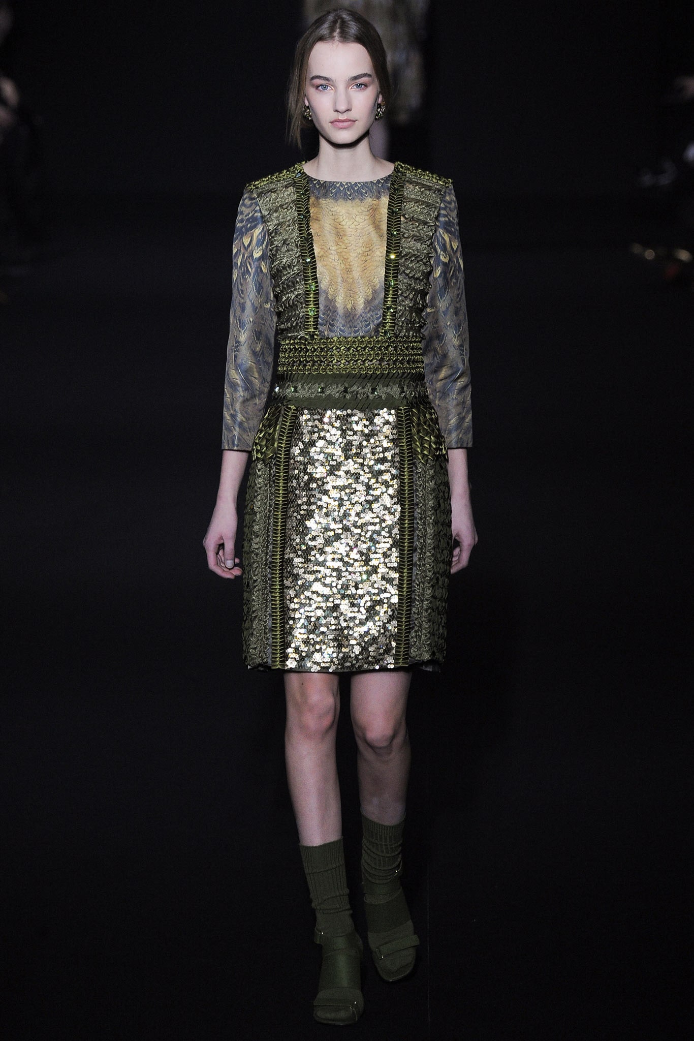 gold and green sequined mini dress