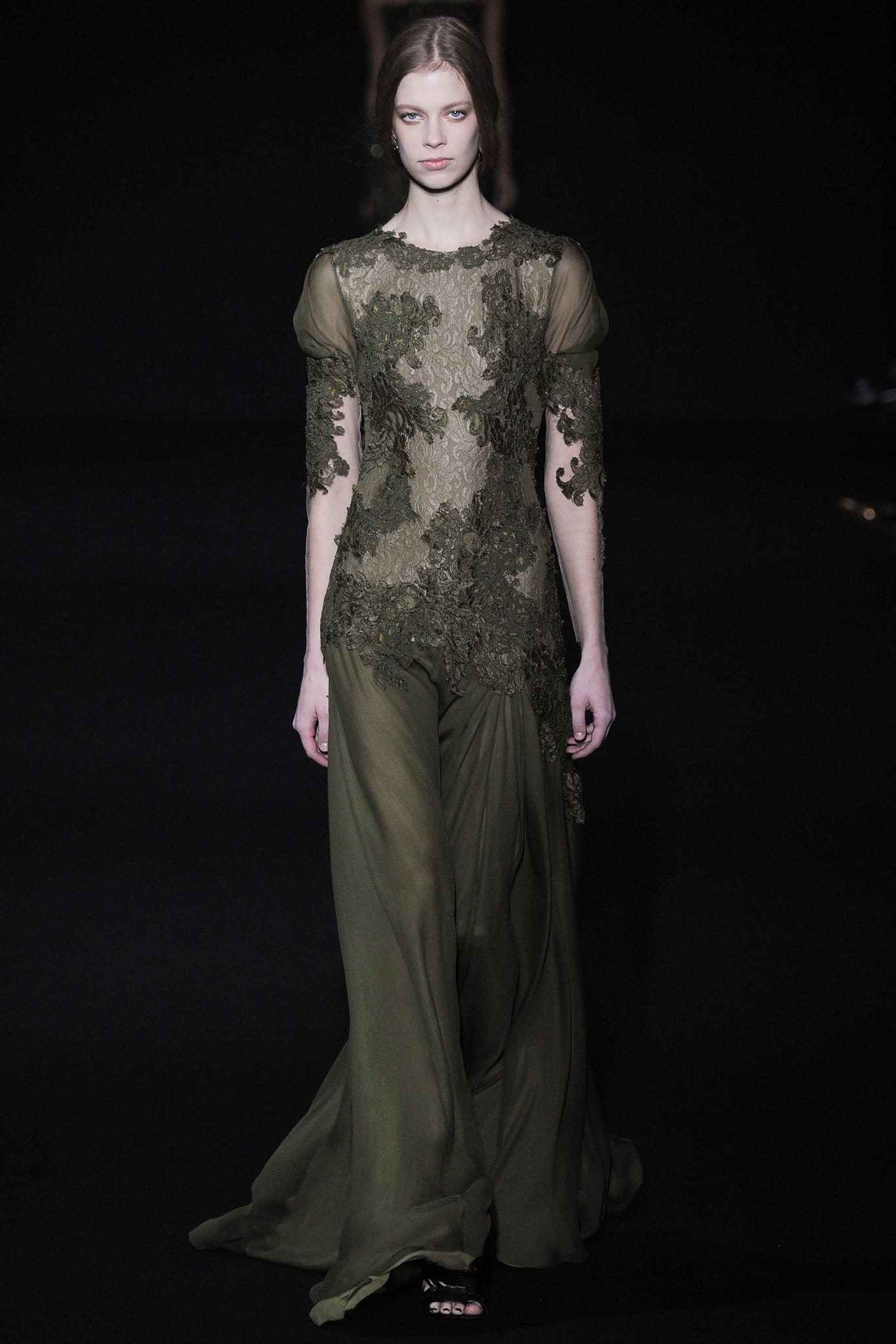 green silk embroidered gown