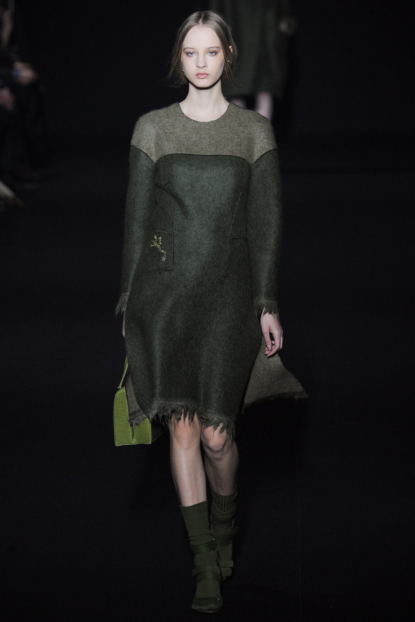 green wool fitted midi dress