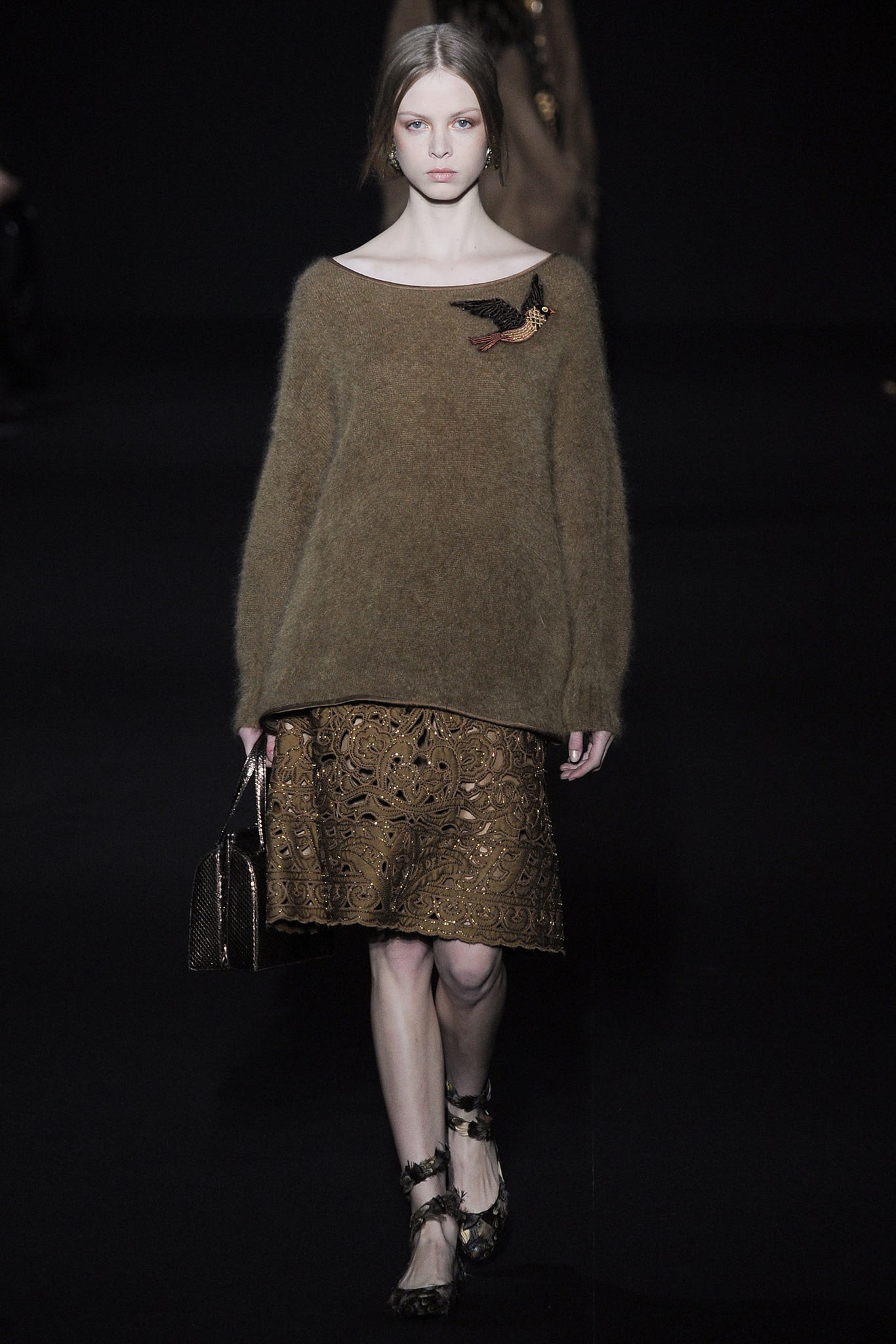 brown wool sweater with gold skirt