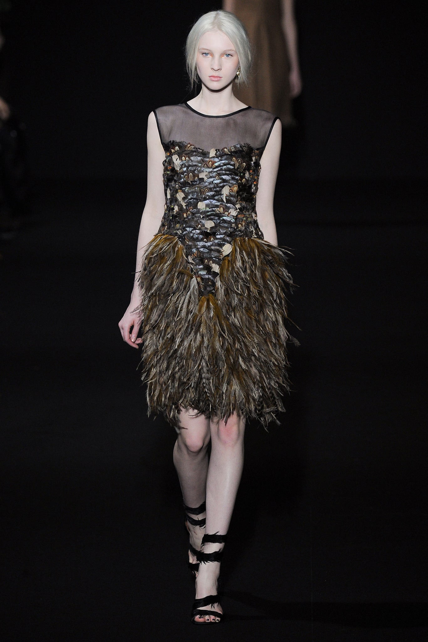 brown feathered sleeveless dress