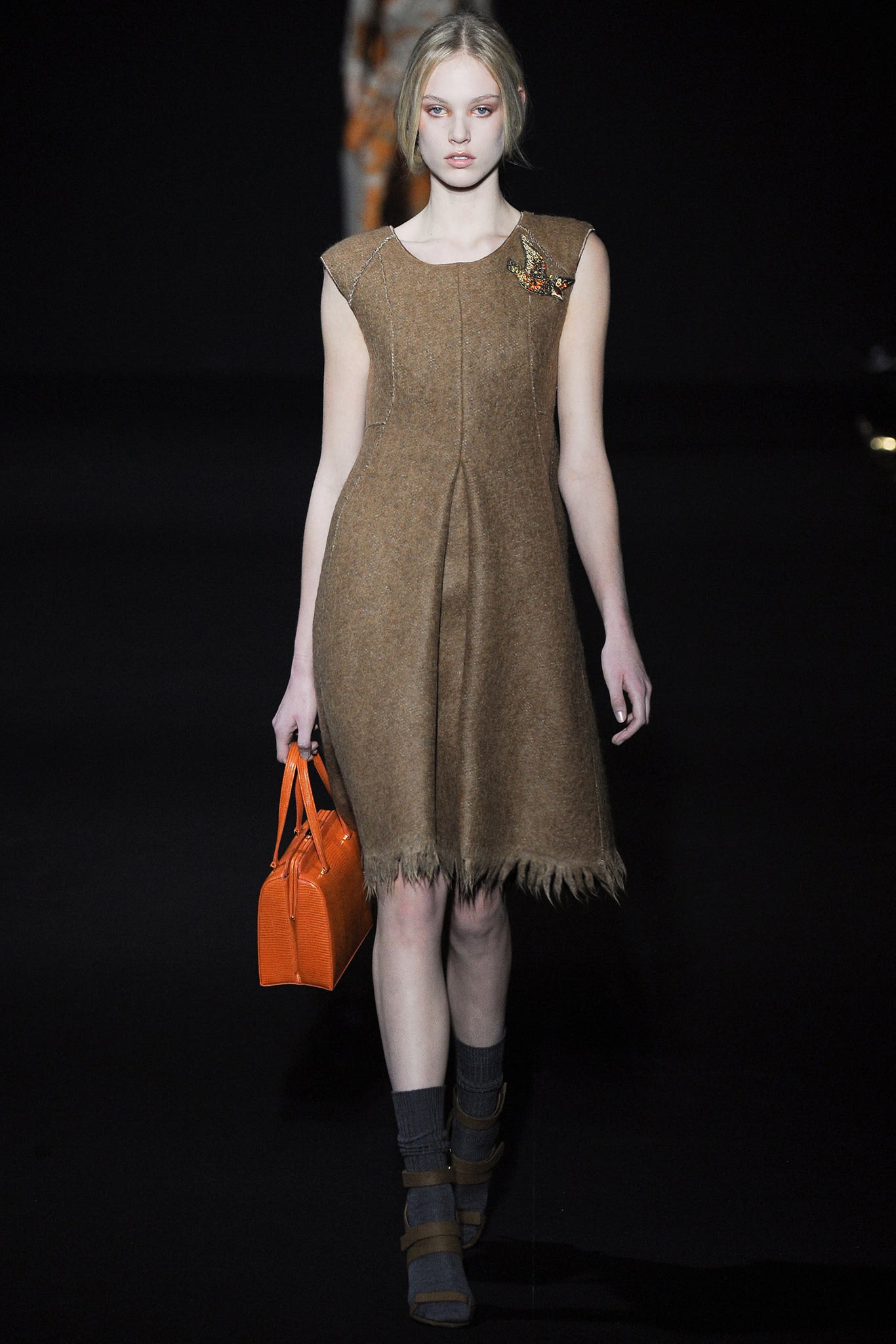 brown wool sleeveless dress with fringes