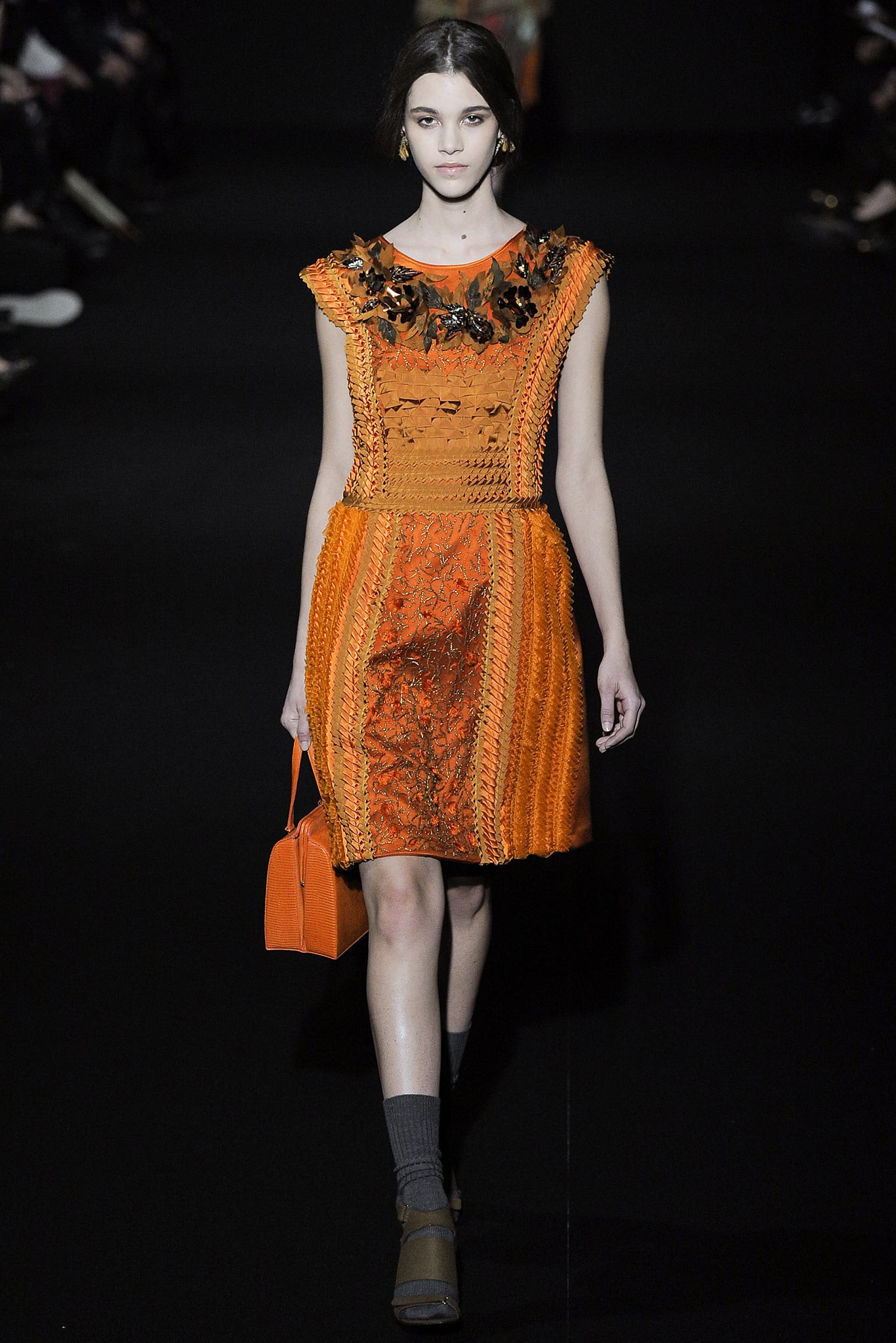 fitted orange embroidered dress