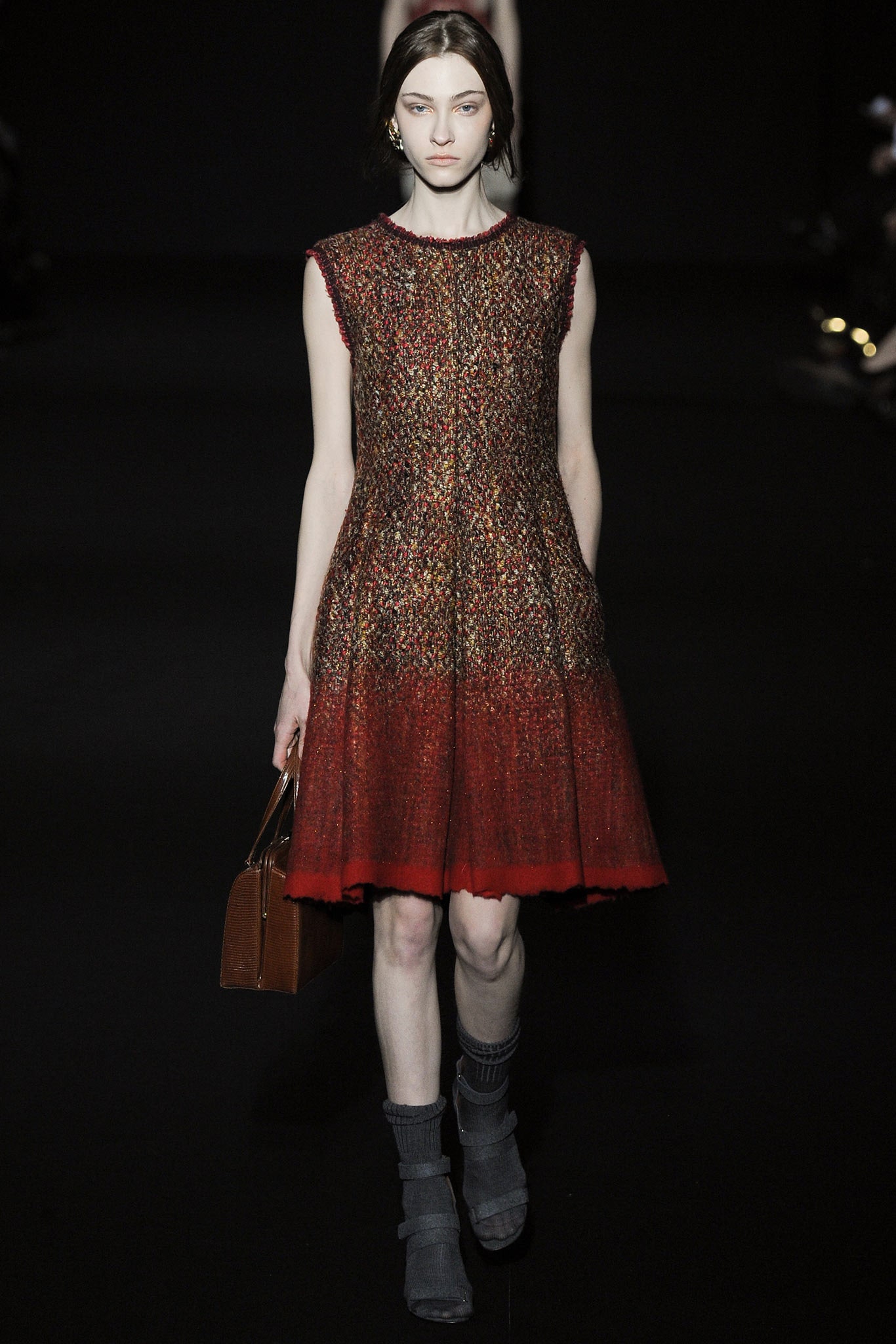 red and brown wool sleeveless dress