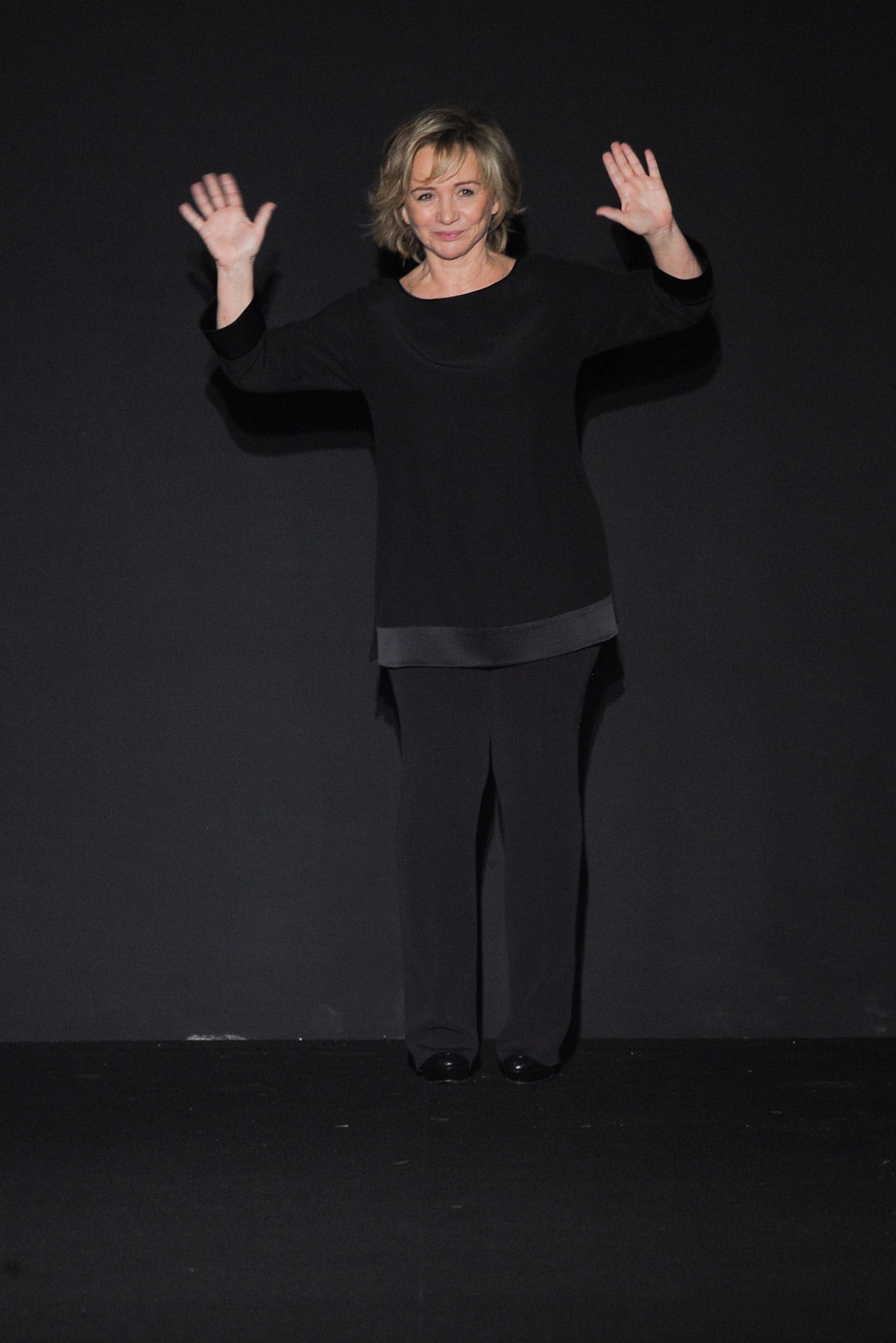 black relaxed top with fitted pants