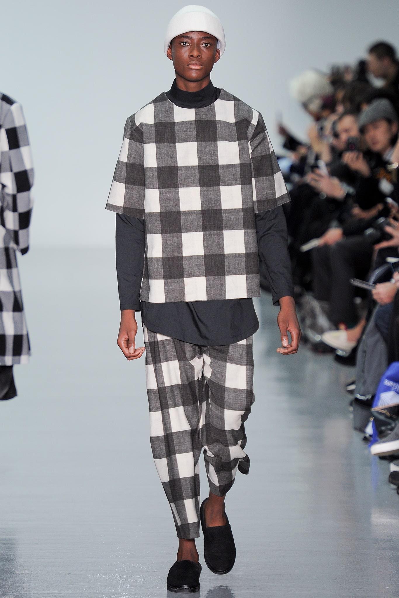 checked black and white outfit