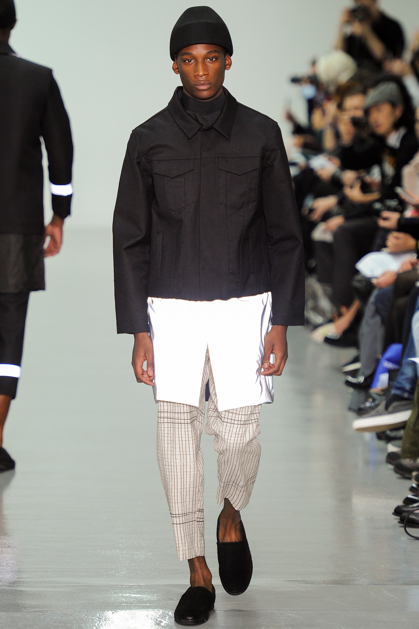 black denim jacket with checked pants