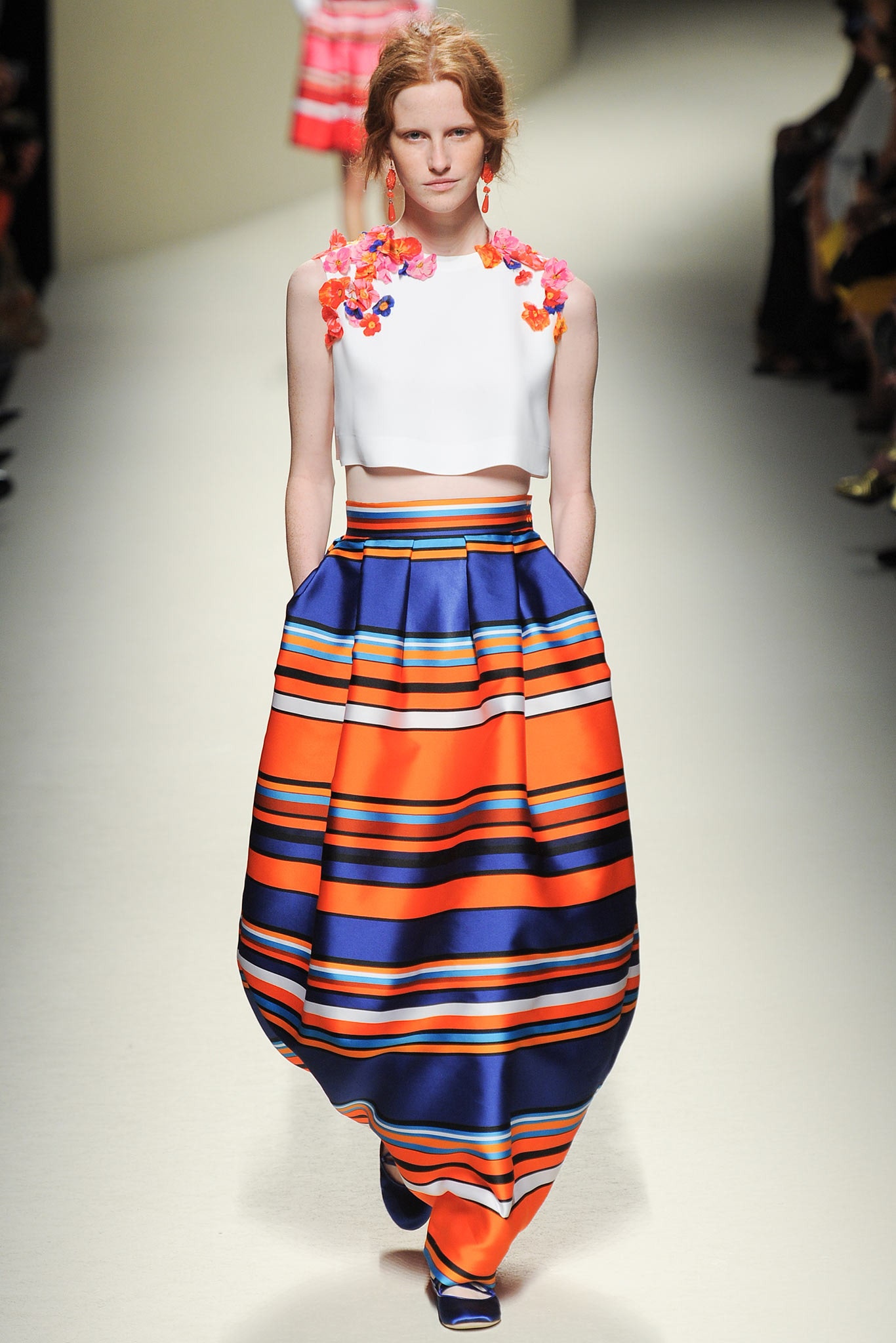 blue silk relaxed pleated color-blocked skirt