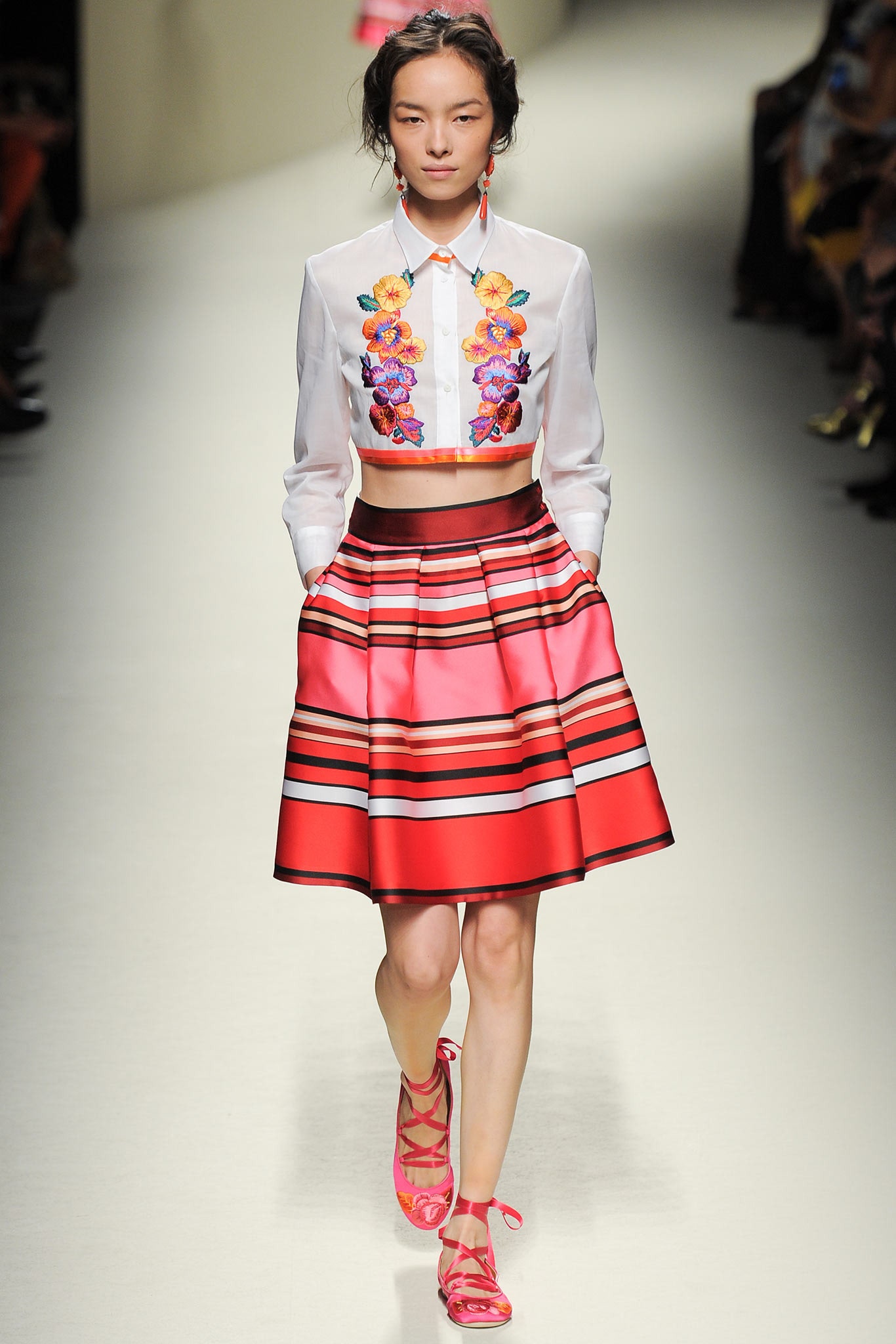 red silk fitted striped pleated mini skirt
