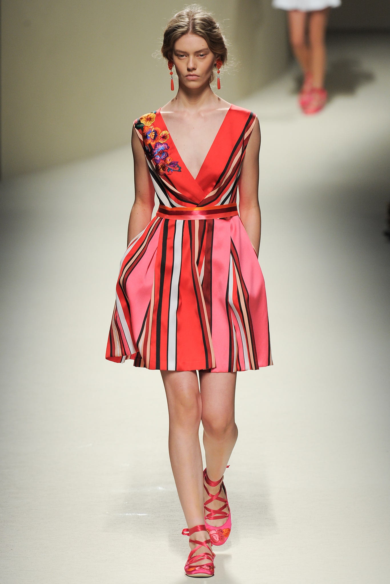 red and pink striped dress