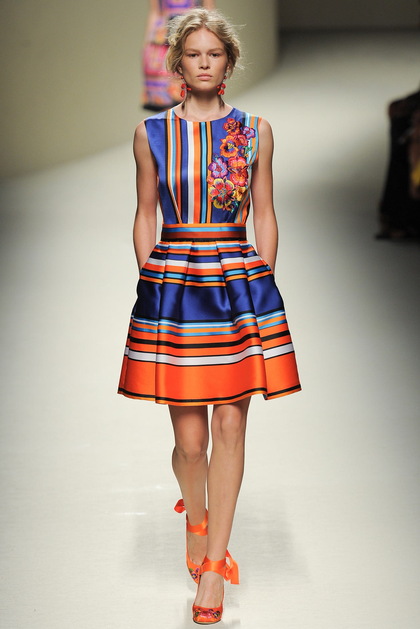blue and orange pleated dress