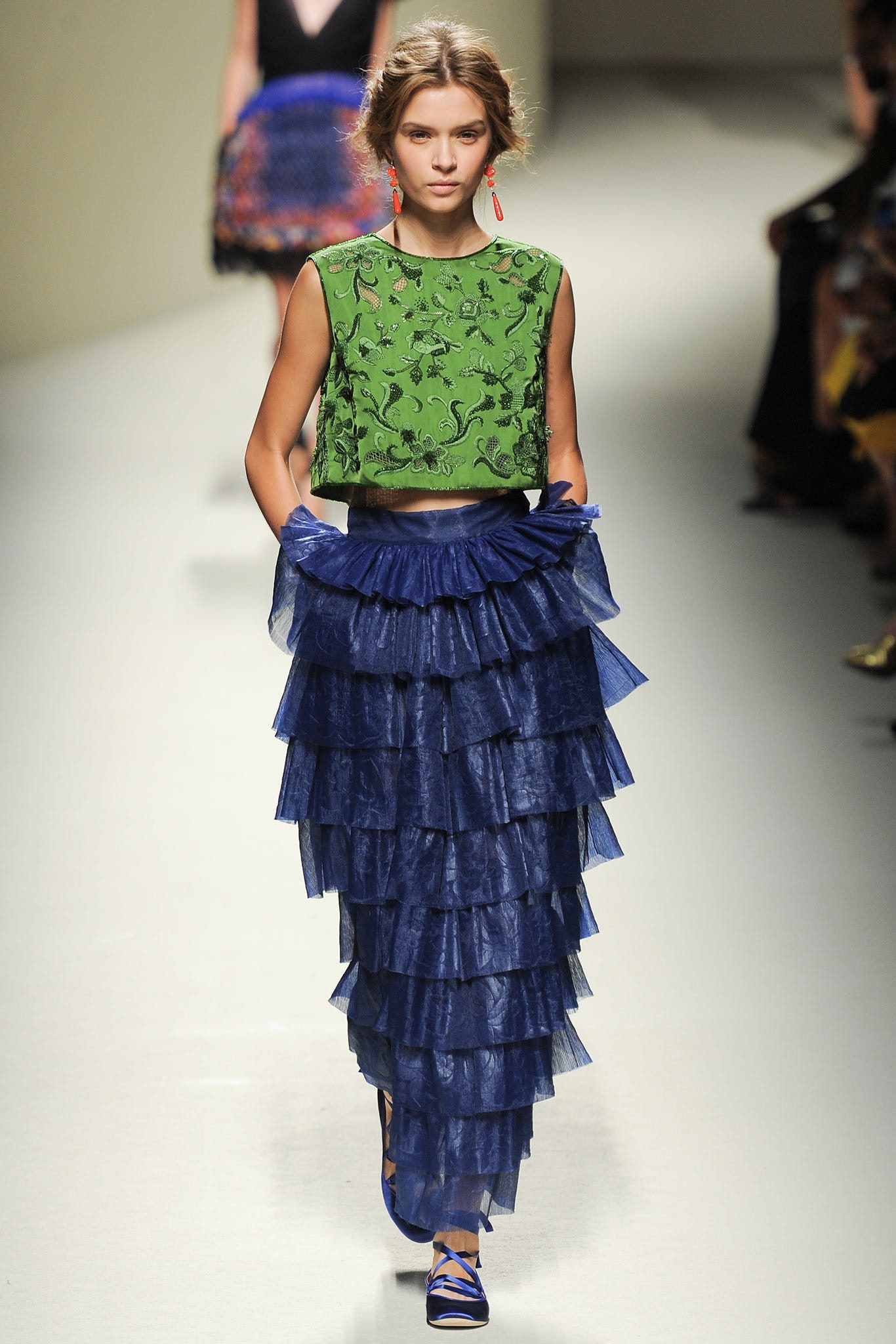 blue tulle fitted tiered flowing maxi skirt