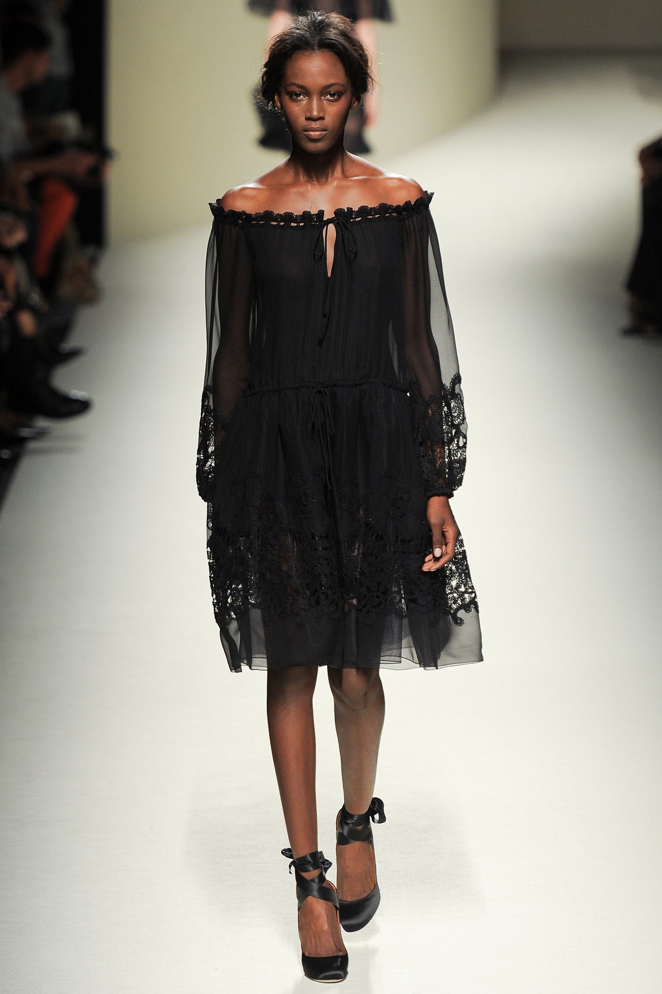 black silk off-shoulder dress
