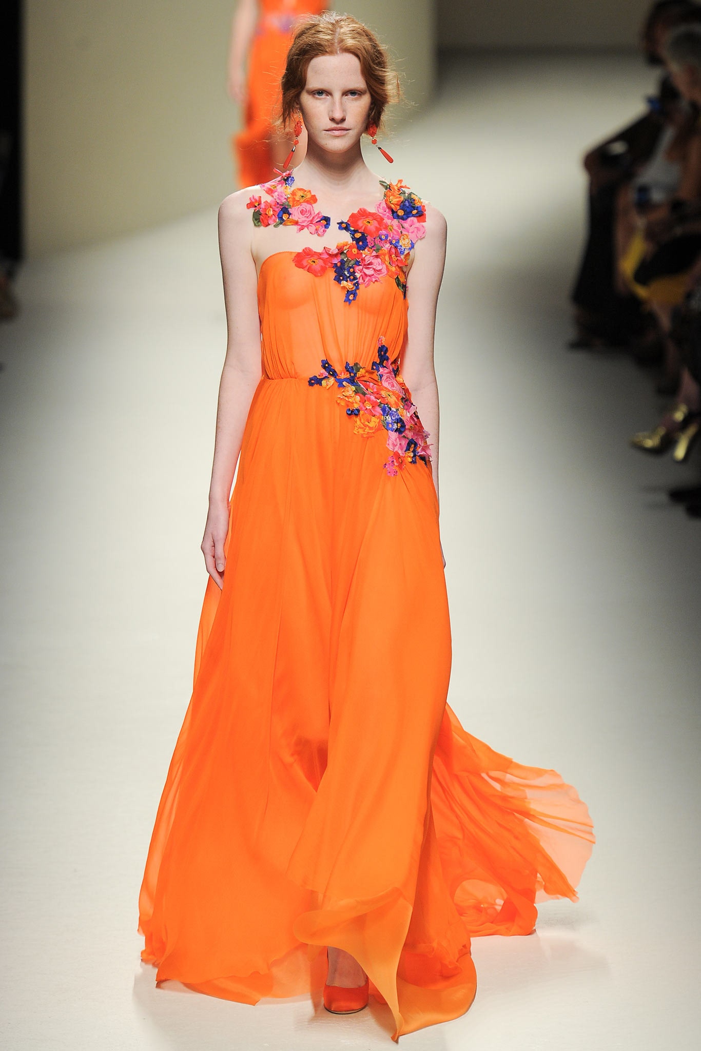 orange silk strapless gown