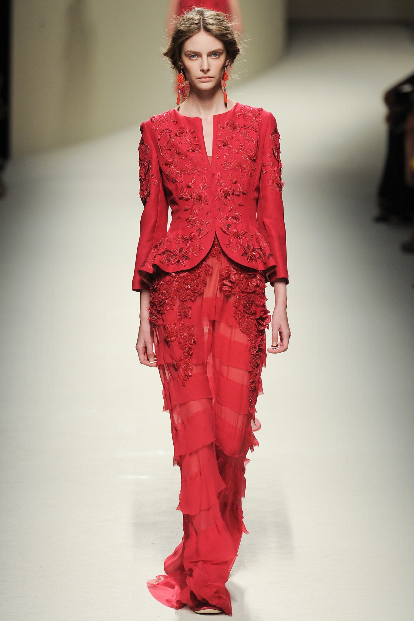 red silk sleeveless v-neck fitted layered flared gown