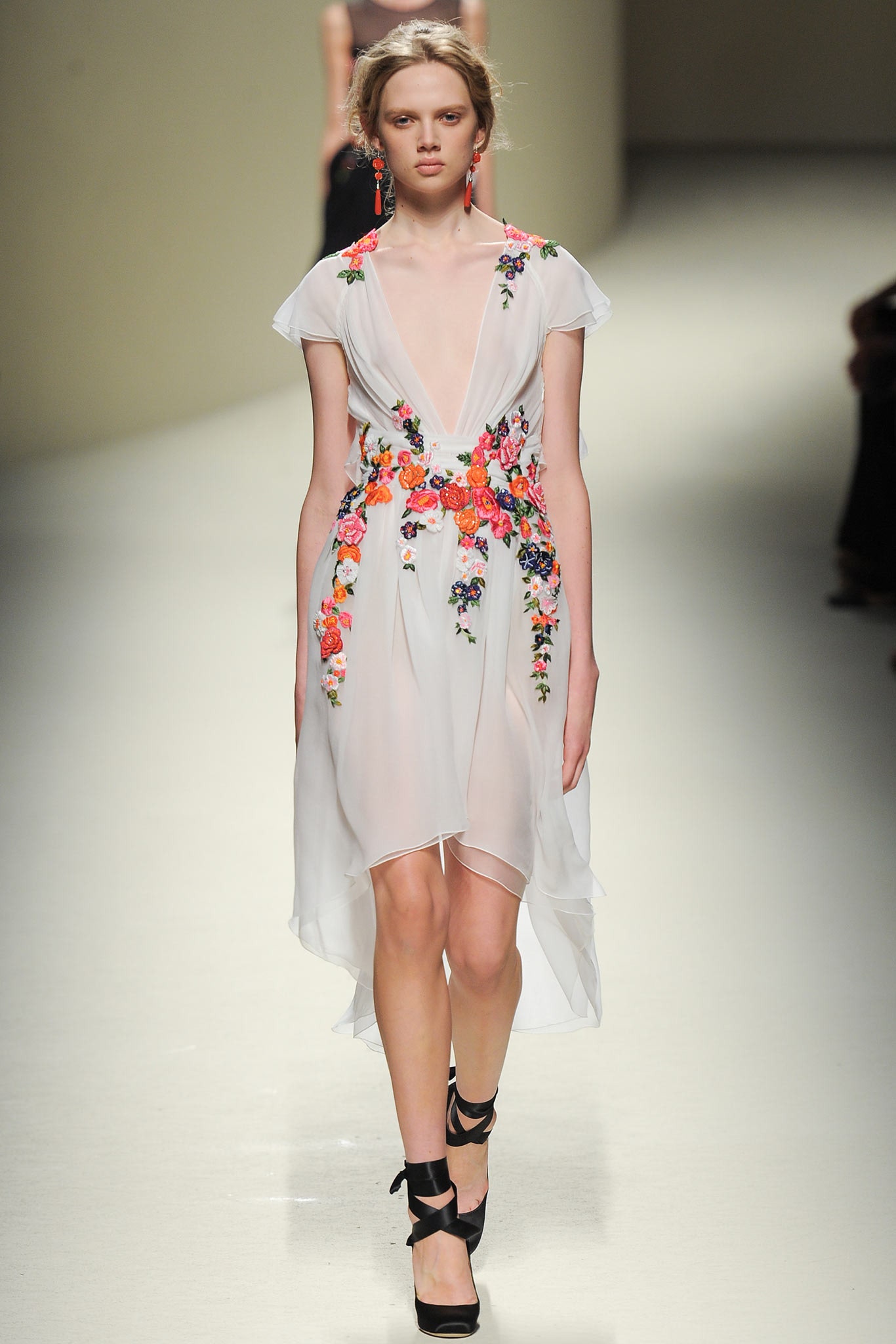 white silk embroidered midi dress