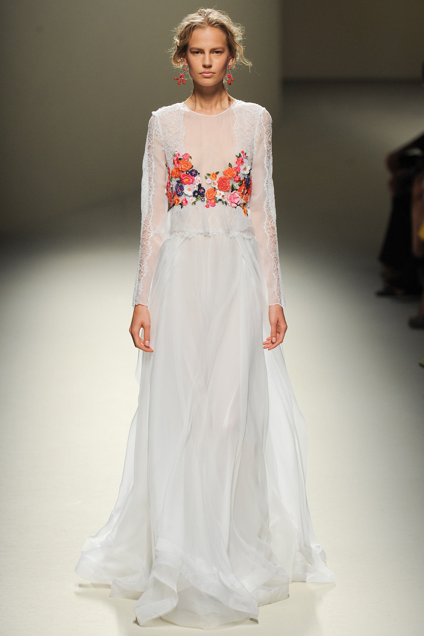 white silk embroidered gown