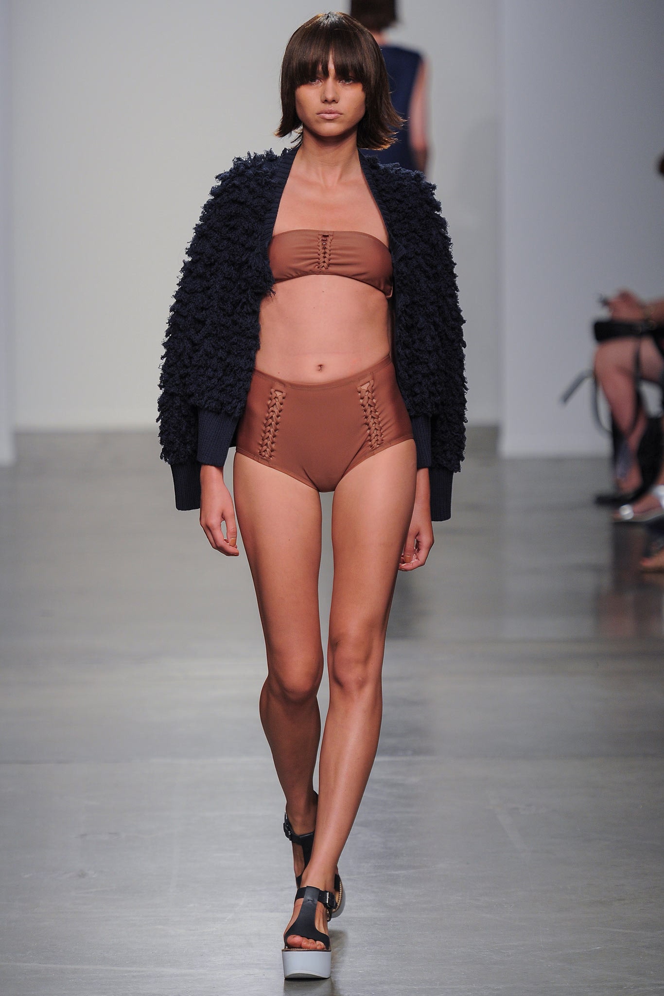 brown bikini with black jacket