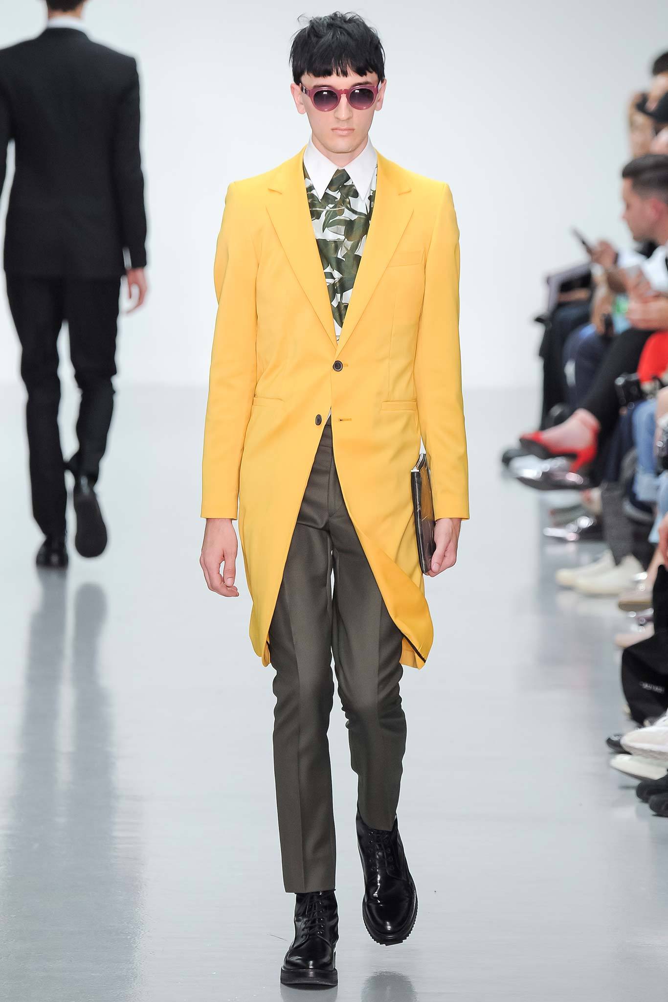 yellow tailored coat with printed shirt