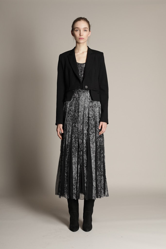 black tailored blazer with pleated dress