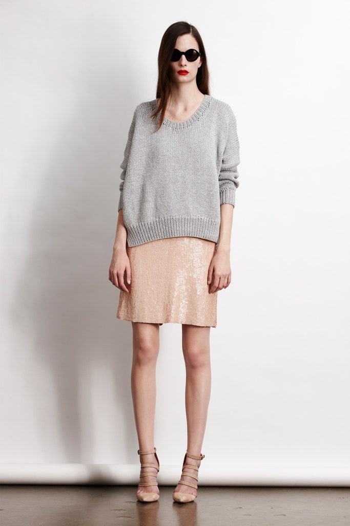 gray relaxed sweater with pink skirt