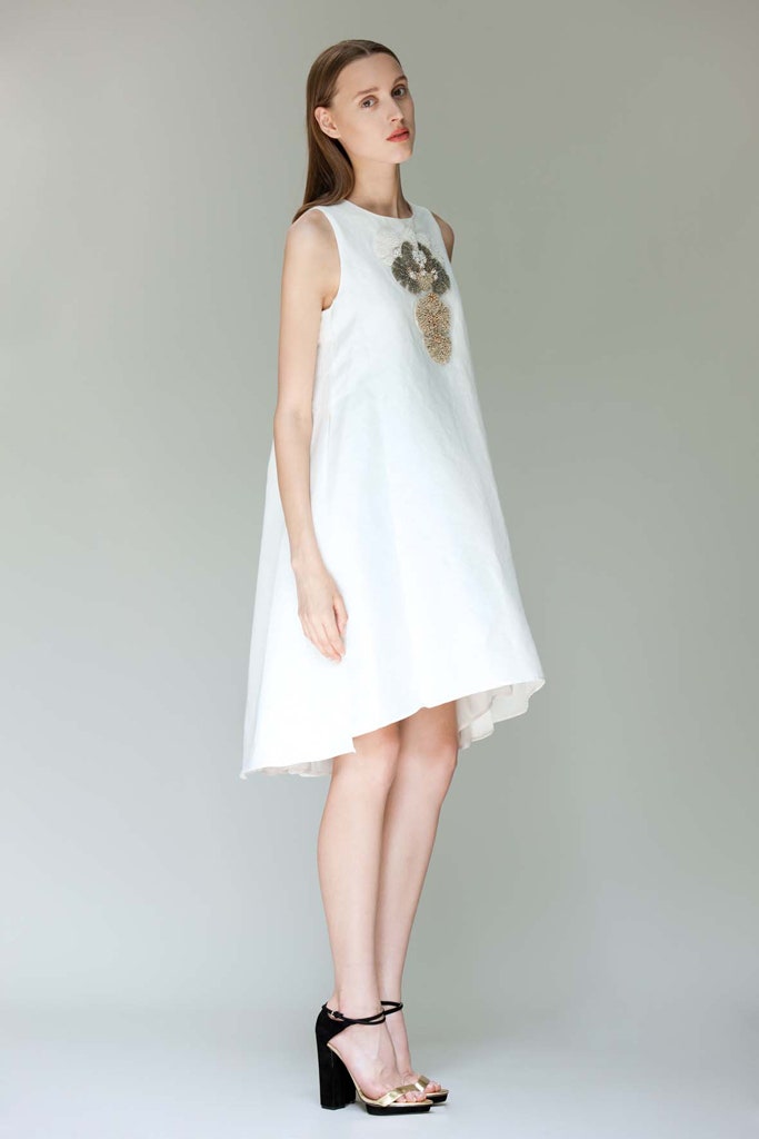 white a-line midi dress with black shoes