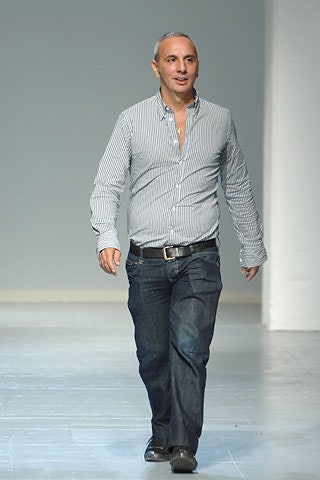 blue denim fitted straight-leg pants
