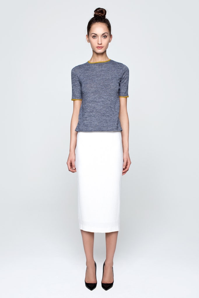 blue cotton top white pencil skirt