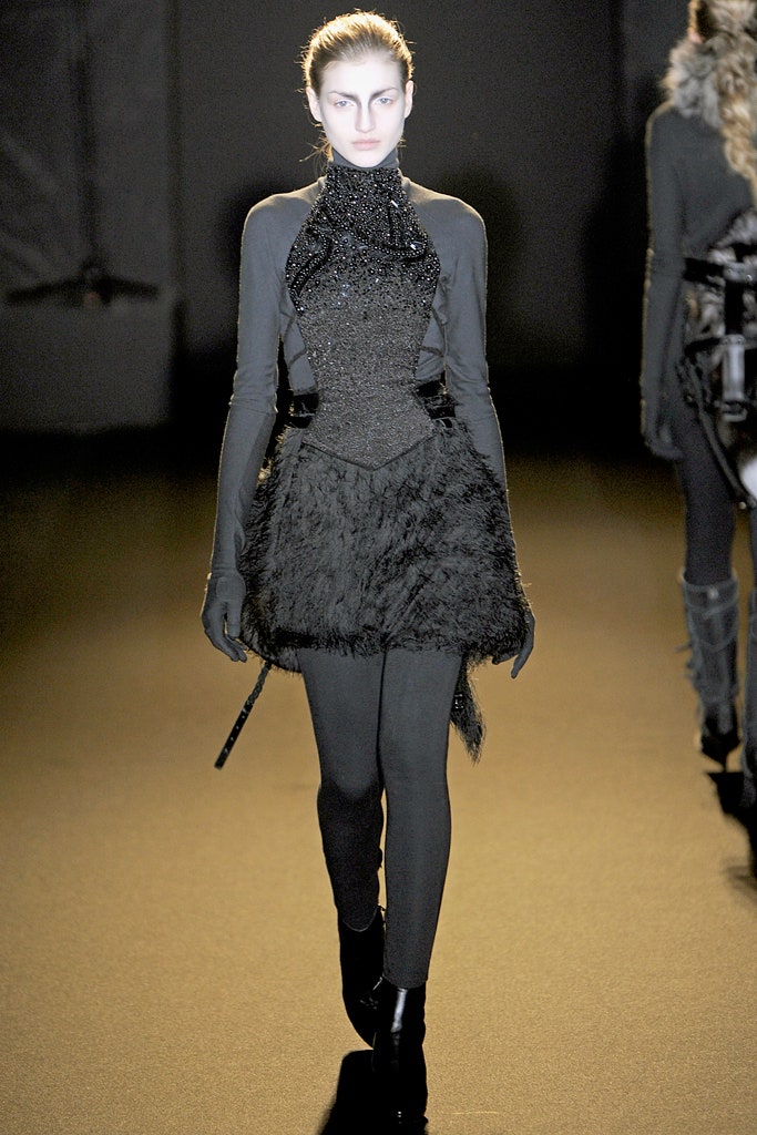 black fur sleeveless high-neck fitted ruffled tiered dress