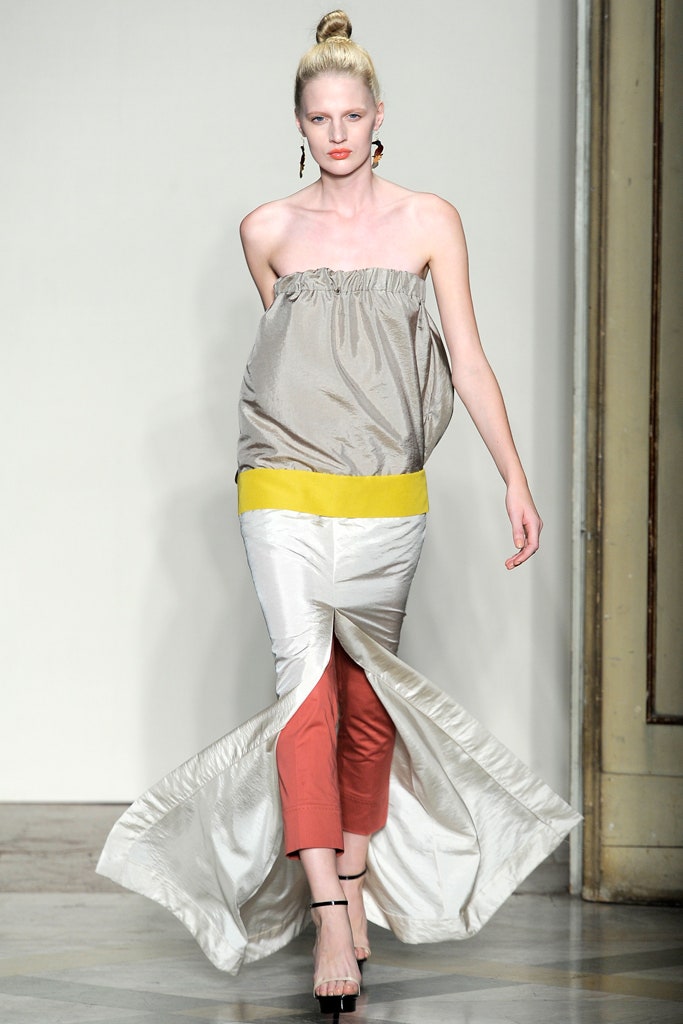 gray silk strapless dress