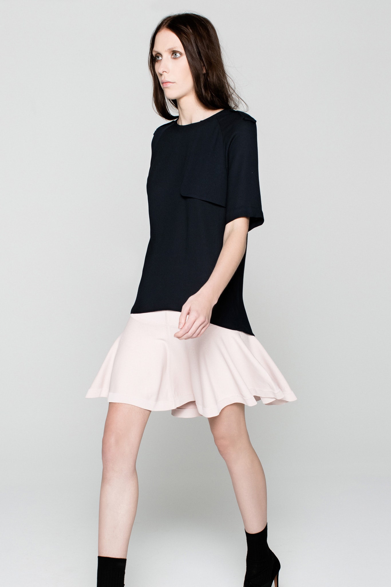 pink cotton fitted flared tiered mini skirt