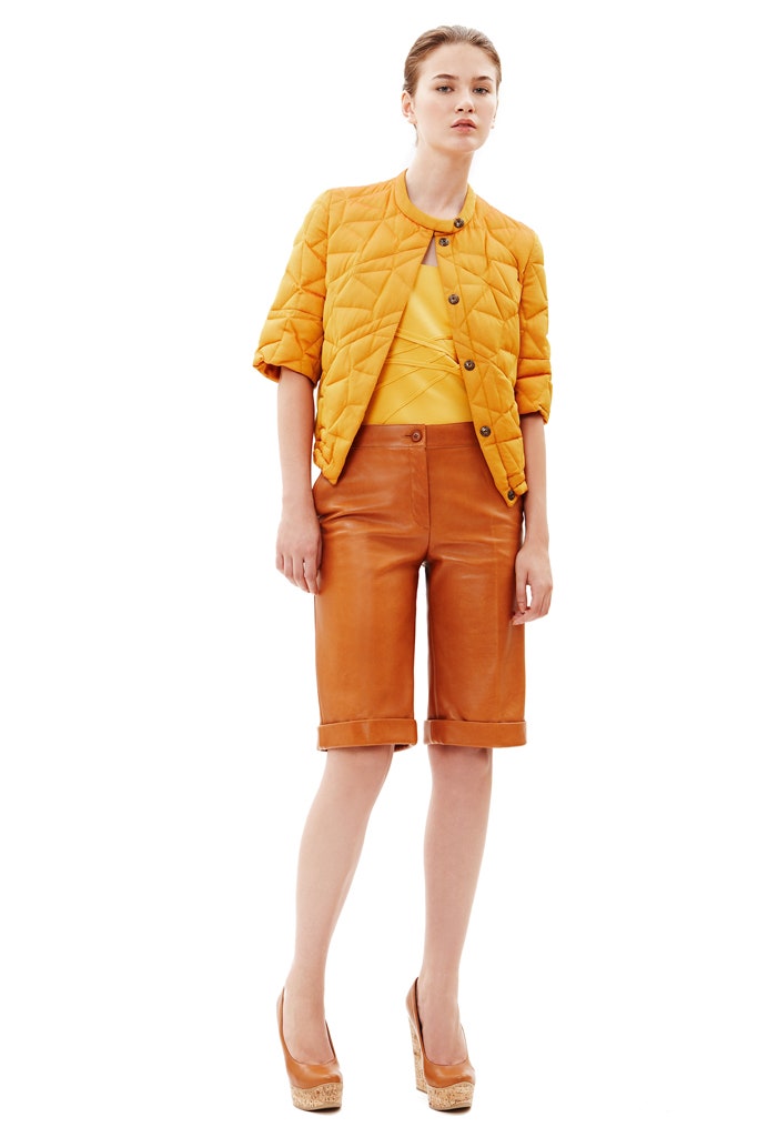 brown leather fitted high-waisted straight-leg shorts