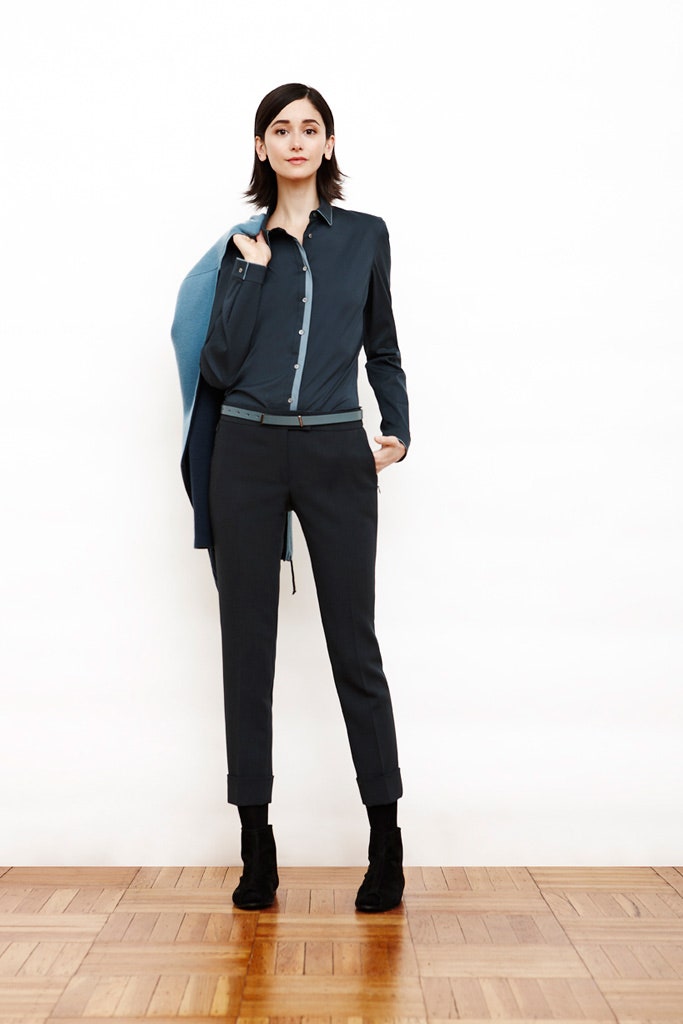 blue fitted shirt with tailored pants