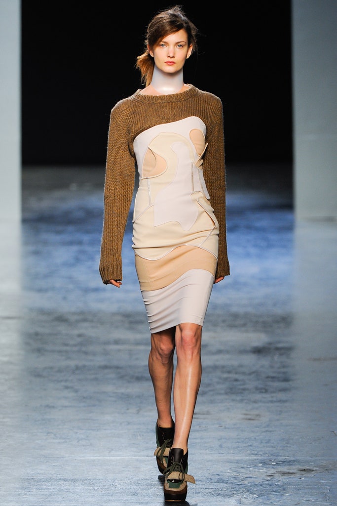 fitted beige and brown dress with sweater