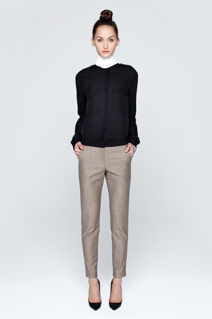 black silk shirt beige pants