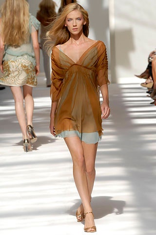 brown and blue silk dress