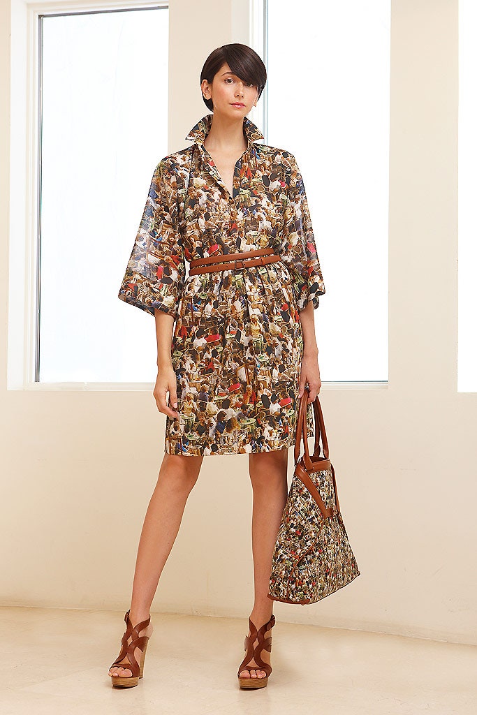 multi cotton long-sleeve collared fitted printed short dress