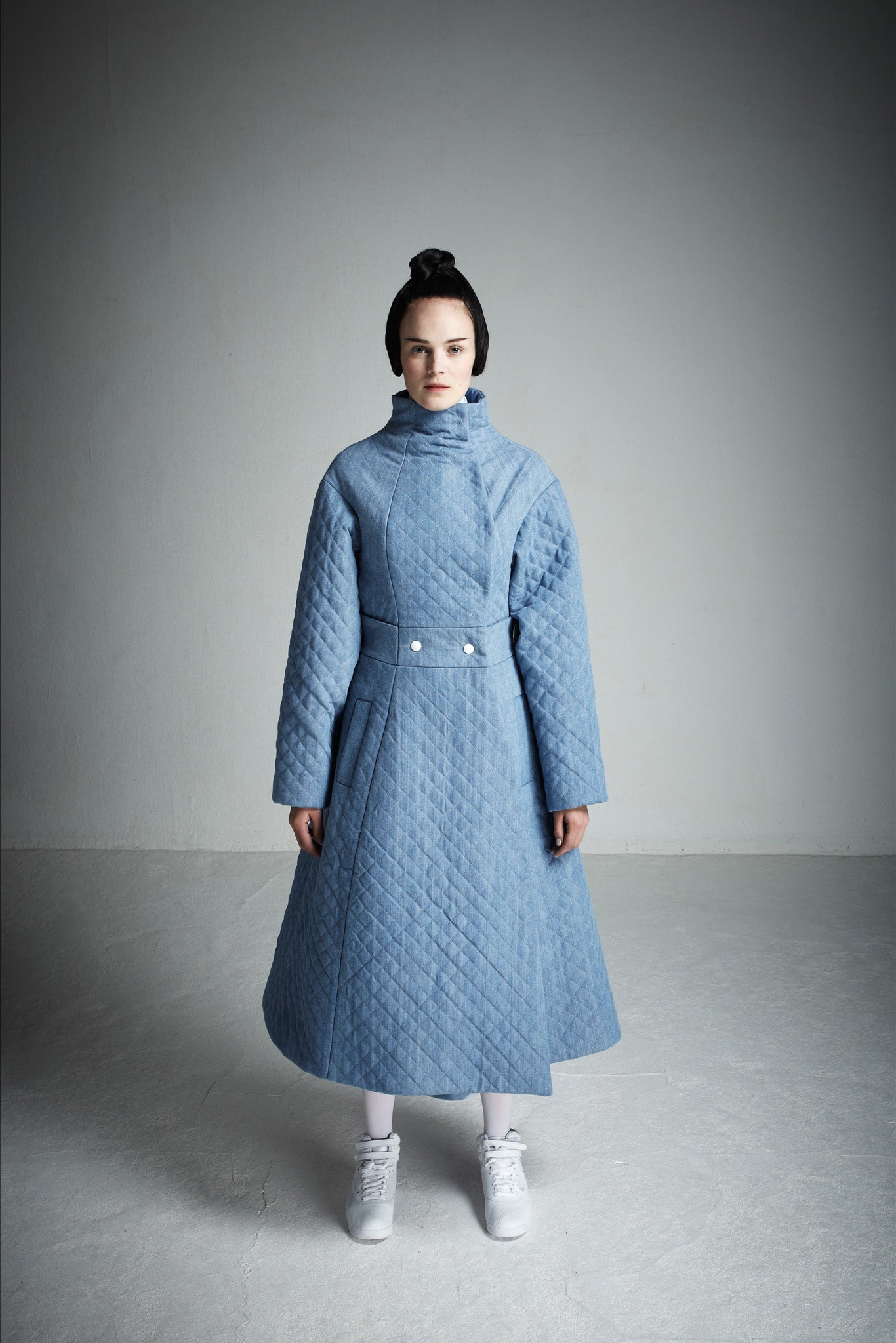 blue quilted fitted coat