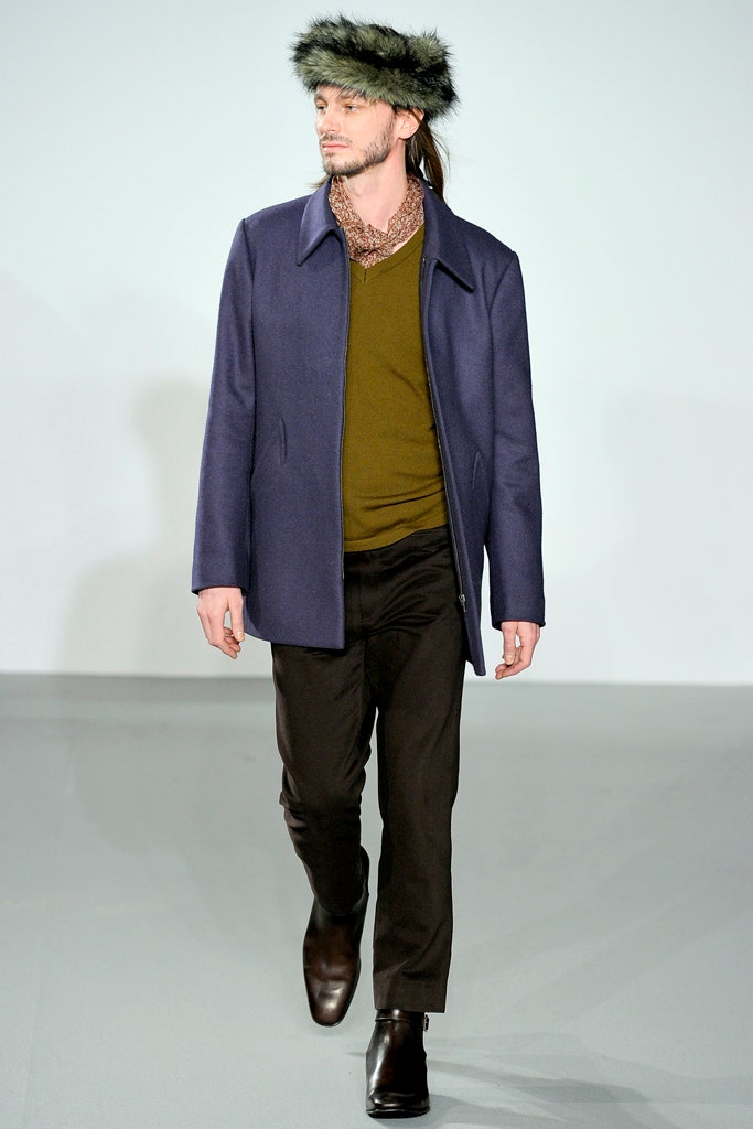 purple wool coat with green top