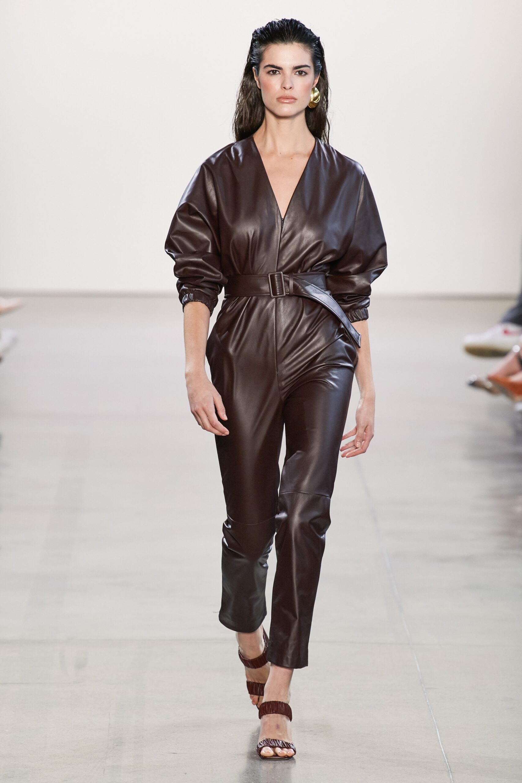 brown leather fitted jumpsuit