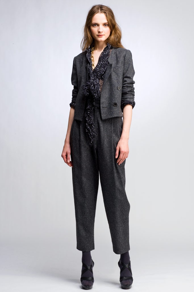 black silk long-sleeve v-neck fitted ruffled blouse